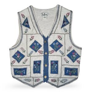 Tantrums Women's Beige Floral Embroidered Vest M | Boho Cottagecore Button-Up
